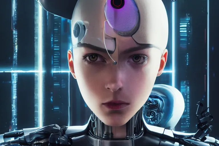 Prompt: highly detailed surreal vfx portrait of a robot android, ex machina, ghost in the shell, alita battle angel, stephen bliss, unreal engine, greg rutkowski, loish, rhads, beeple, makoto shinkai and lois van baarle, ilya kuvshinov, rossdraws, tom bagshaw, global illumination, detailed and intricate environment