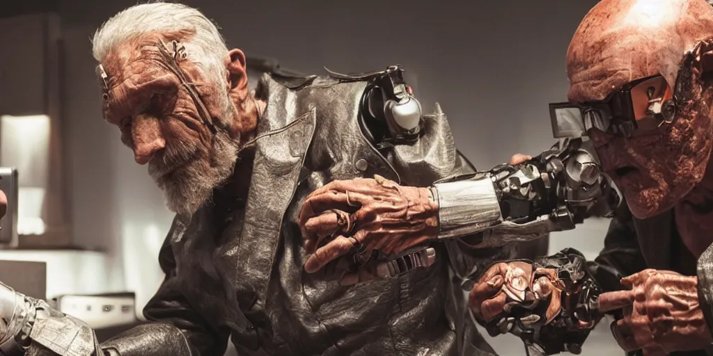 Image similar to cyberpunk buff old man fighting Deadcode humanoid robot Emmanuel Lubezki