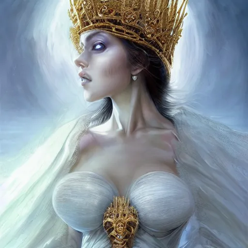 Prompt: a beautiful woman wearing a white dress made of silk, and a crown made of golden ornaments and diamonds jewelry by alex gray and android jones, karol bak, ayami kojima, amano, concept art, character design, fantasy, 3 d, 8 k resolution