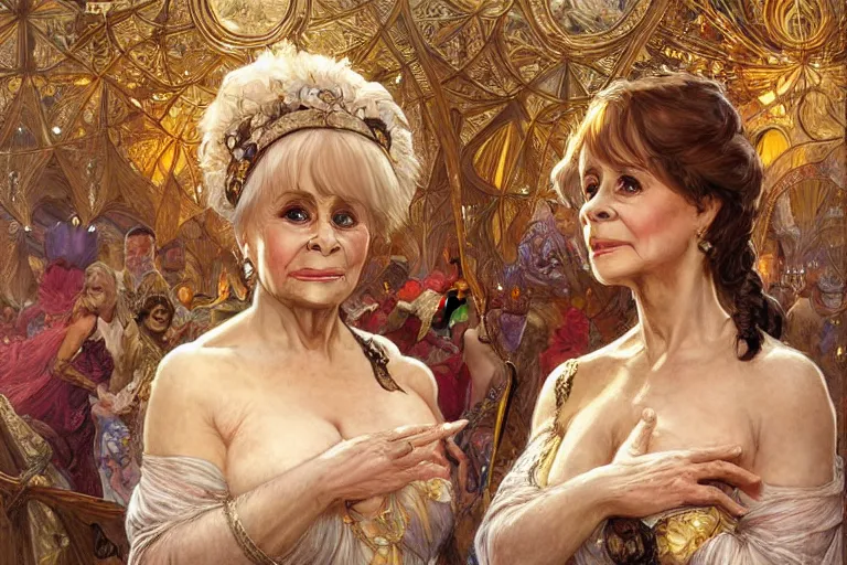 Prompt: barbara windsor singing a hall of mirrors, real life skin, intricate, elegant, highly detailed, artstation, concept art, smooth, sharp focus, art by artgerm and greg rutkowski and alphonse mucha