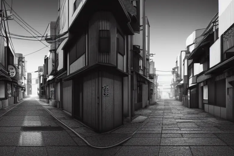 Prompt: still photo of a japanese street, black and white color aesthetic, highly detailed, photorealistic portrait, bright studio setting, studio lighting, crisp quality and light reflections, unreal engine 5 quality render