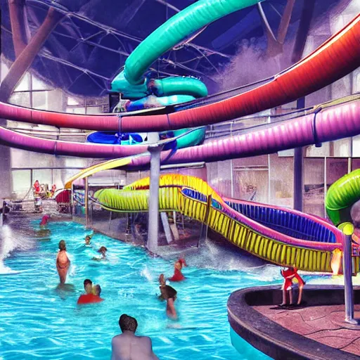 Image similar to waterpark in an airport, digital art, cinematic lighting, epic composition, highly detailed