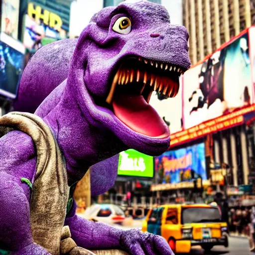 Prompt: barney the dinosaur homeless begging for fentanyl in times square, ultra detailed, 8 k, photorealism, rule of thirds, cracked textures.