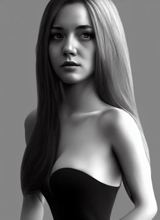 Image similar to full body portrait of a beautiful young woman in black and white, photorealistic, hair down to waist, sharp focus, in the style of Kevin Kostic, Stephen Lau and artgerm, hyper sharp focus, 8k highly detailed