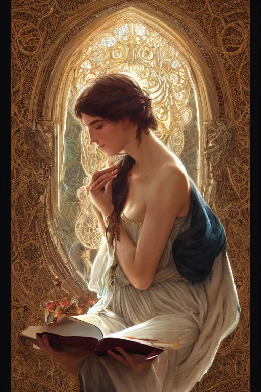 Image similar to beautiful natural renaissance gypsy reading another woman\'s palm, intricate, elegant, highly detailed, digital painting, artstation, concept art, smooth, sharp focus, illustration, art by artgerm and greg rutkowski and alphonse mucha