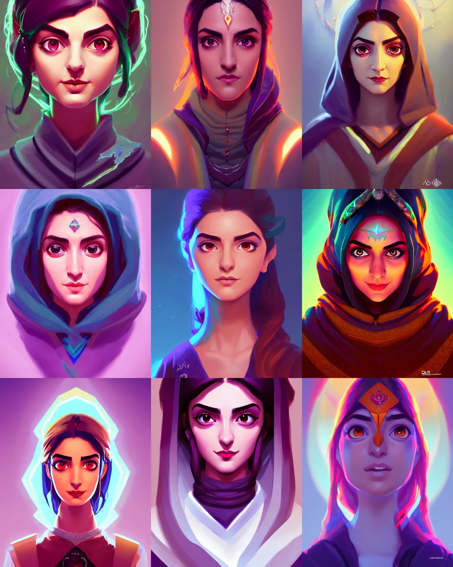 Prompt: head-on symmetrical centered painted portrait, Maya Ali as a D&D sorcerer, matte painting Arcane DOTA Blizzard pixar, maya engine on stylized background splash comics global illumination lighting artstation, by lois van baarle, ilya kuvshinov, rossdraws