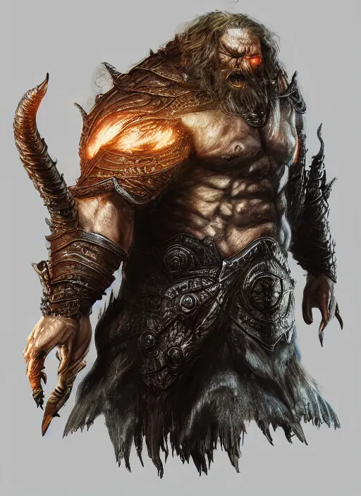 Image similar to ultra detailed fantasy ogre, elden ring, realistic, dnd character portrait, full body, dnd, rpg, lotr game design fanart by concept art, behance hd, artstation, deviantart, global illumination radiating a glowing aura global illumination ray tracing hdr render in unreal engine 5