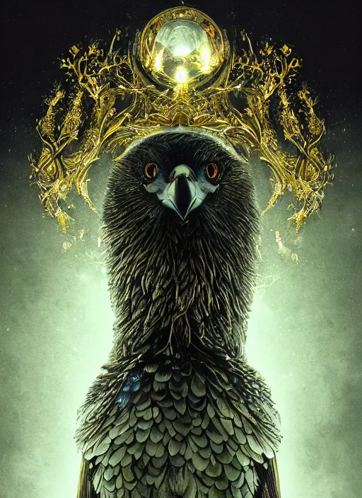 Image similar to best book cover design, glowing silver and golden elements, full close-up portrait of realistic crow with gems, book cover, green forest, white moon, establishing shot, extremly high detail, photo-realistic, cinematic lighting, by Yoshitaka Amano, Ruan Jia, Kentaro Miura, Artgerm, post processed, concept art, artstation, matte painting, style by eddie mendoza, raphael lacoste, alex ross