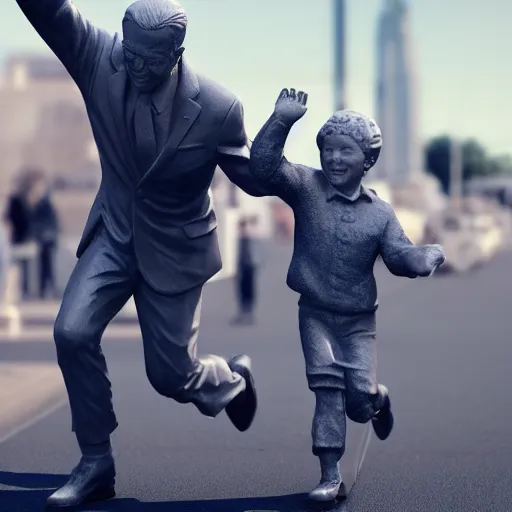 Image similar to a statue of joe biden chasing a child, octane render, 3 d render, 4 k, hyper realistic, super detailed.