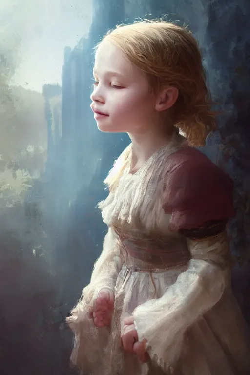 Image similar to medieval little girl, joyful, hope, dreaming, close - up portrait, intricate, elegant, volumetric lighting, scenery, digital painting, highly detailed, artstation, sharp focus, illustration, concept art, ruan jia, steve mccurry