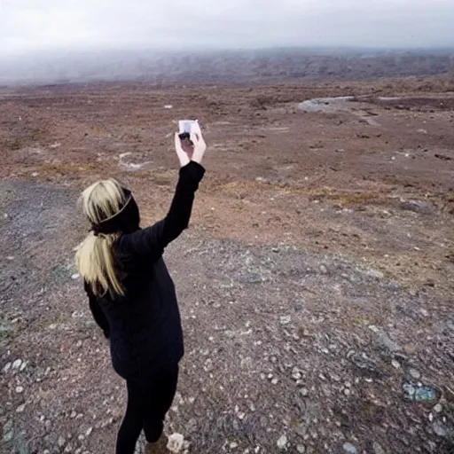 Image similar to woman takes a selfie during the end of the world