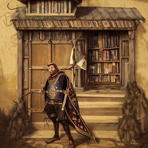 Prompt: dennis hopper as a medieval nobleman, standing on the side of a big medieval shop with boards full of books, flasks, glas, trinkets, and other stuff, dust suspended in a sunbeam from a tall medieval window, trending on artstation, artwork in style of peter mohrbacher, unreal engine, octane render, intricate details, 8k high definition, beauriful, ornate, hyperrealistic