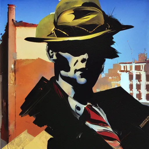 Prompt: portrait of corto maltese dreaming about valparaiso, by dave mckean and yoji shinkawa, oil on canvas