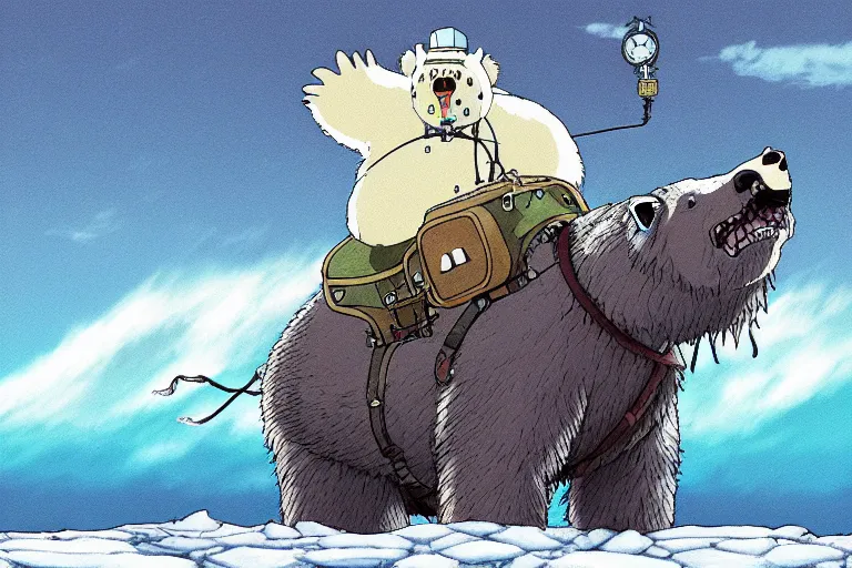 Prompt: cell shaded cartoon of a giant lovecraftian polar bear from howl's moving castle ( 2 0 0 4 ), with a mechanical city on his back as a backpack, on an icy road, full body, wide shot, very muted colors, post grunge, studio ghibli, highly detailed, deviantart, art by artgem