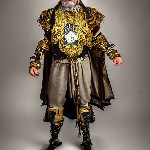 Image similar to a high resolution 35mm realistic photograph of an old man wearing a suit of ornate ceremonial armor. The armor is detailed and regal with a large hemp leaf pattern on the chest plate. Dynamic composition with natural lighting in a battlefield setting