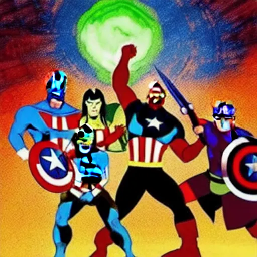 Image similar to a prehistoric cave painting of the avengers battling thanos