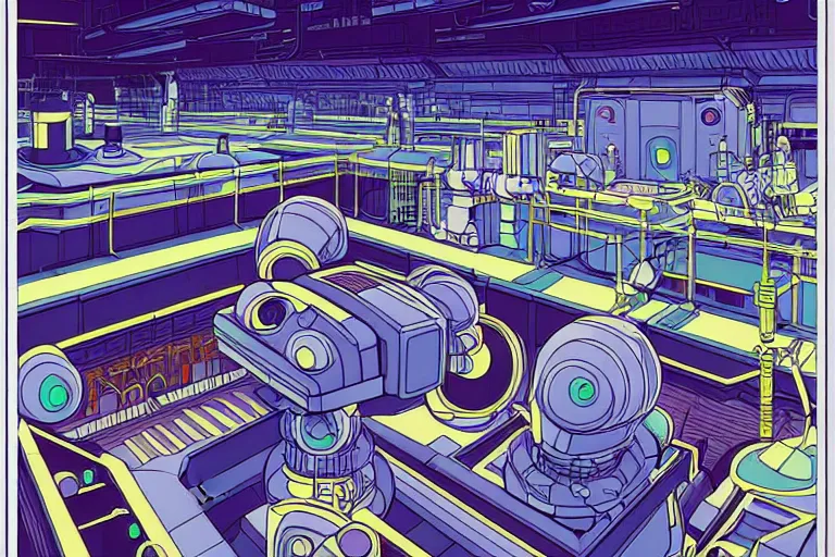 Prompt: a scifi illustration, robot factory interior. top down view. flat colors, limited palette in FANTASTIC PLANET La planète sauvage animation by René Laloux