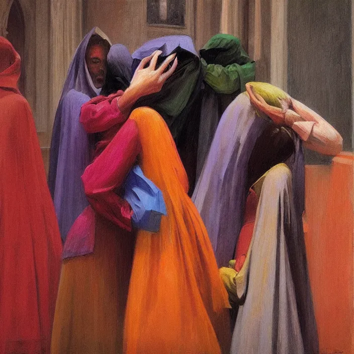 Prompt: colorful women hugging with a paper bag over the head, dressed in plastic bags, inside cathedral, highly detailed, artstation, art by , edward hopper, zdislav beksinski, wayne barlowe