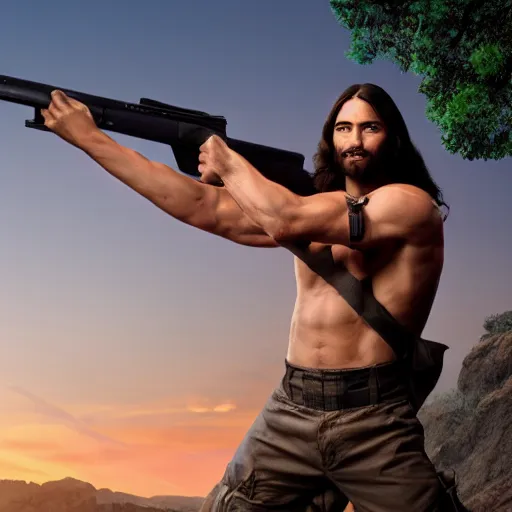 Image similar to Jesus Christ as Rambo holding a large gun with one hand, full body, photography, 4K