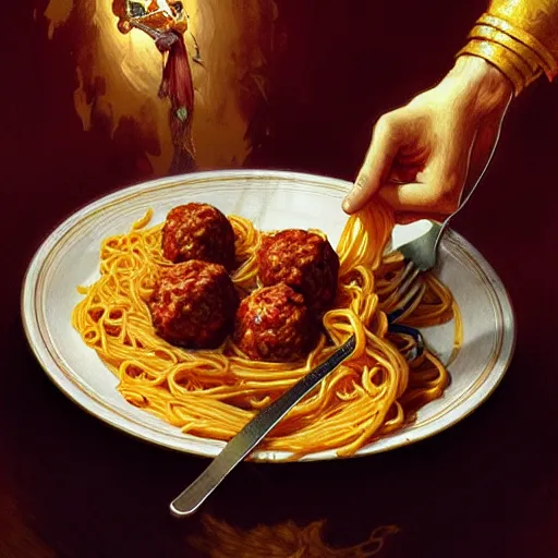 Image similar to Messi eating spaghetti with meatballs, closeup, D&D, fantasy, intricate, elegant, highly detailed, digital painting, artstation, concept art, matte, sharp focus, illustration, art by Artgerm and Greg Rutkowski and Alphonse Mucha