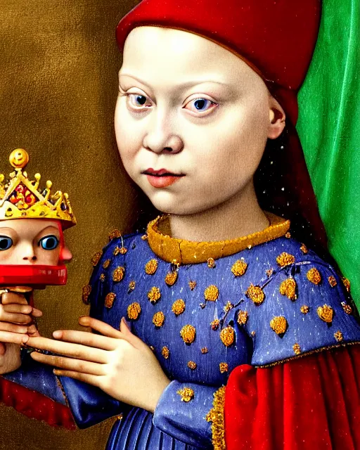Image similar to closeup medieval jan van eyck face portrait of tin toy greta thunberg as a fairytale princess wearing a crown eating cakes in the castle, bikini, hyper realistic, artstation, illustration, nicoletta ceccoli, mark ryden, lostfish, max fleischer, digital paint, matte paint, vivid colors, bright, cheerful, detailed and intricate environment