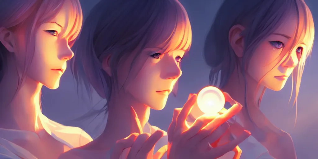 Image similar to a beautiful nordic anime woman holding a light source inside her hands, expert high detail concept art, character design, perfect proportions defined faces, vivid colors, photorealistic shaded lighting poster ilya kuvshinov, katsuhiro, makoto shinkai, wlop, loish and clamp style, trending on artstation, best selling artist