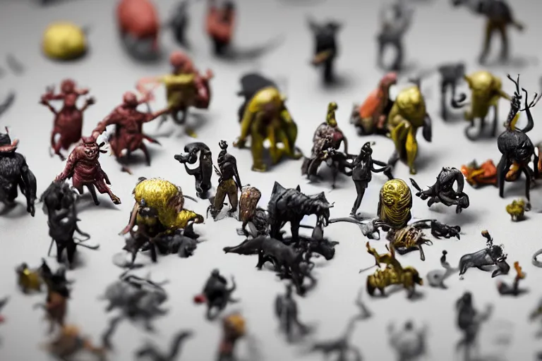 Image similar to miniature figurines of heironymus bosch monsters, tilt shift, product photography