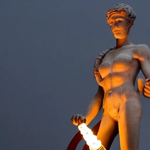 Image similar to michelangelo woman carrying torch at cnn headquarters with stormy lighting and clouds in the background 4 k hdr