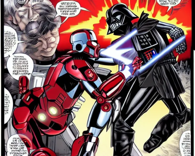 Prompt: a duel between iron man and darth vader