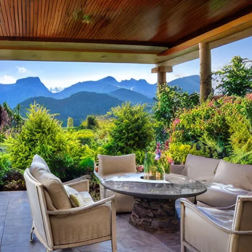 Image similar to Sky patio with luscious fantasy garden, mountains in teh distance, hidden grove, hd, detailed