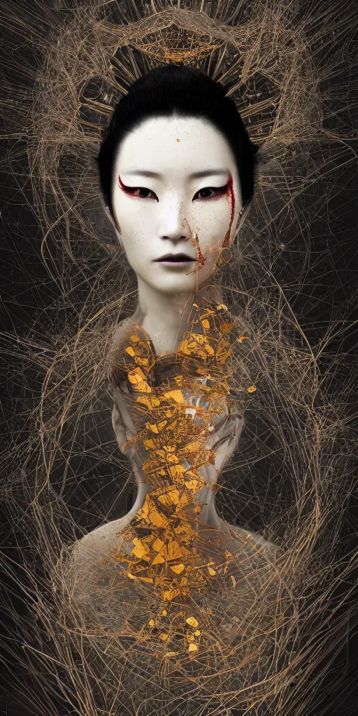 Prompt: portrait of a futuristic geisha with crying black eyes, kintsugi, modern fine art, fractal, intricate, elegant, highly detailed, digital photography, subsurface scattering, by jheronimus bosch and greg rutkowski,