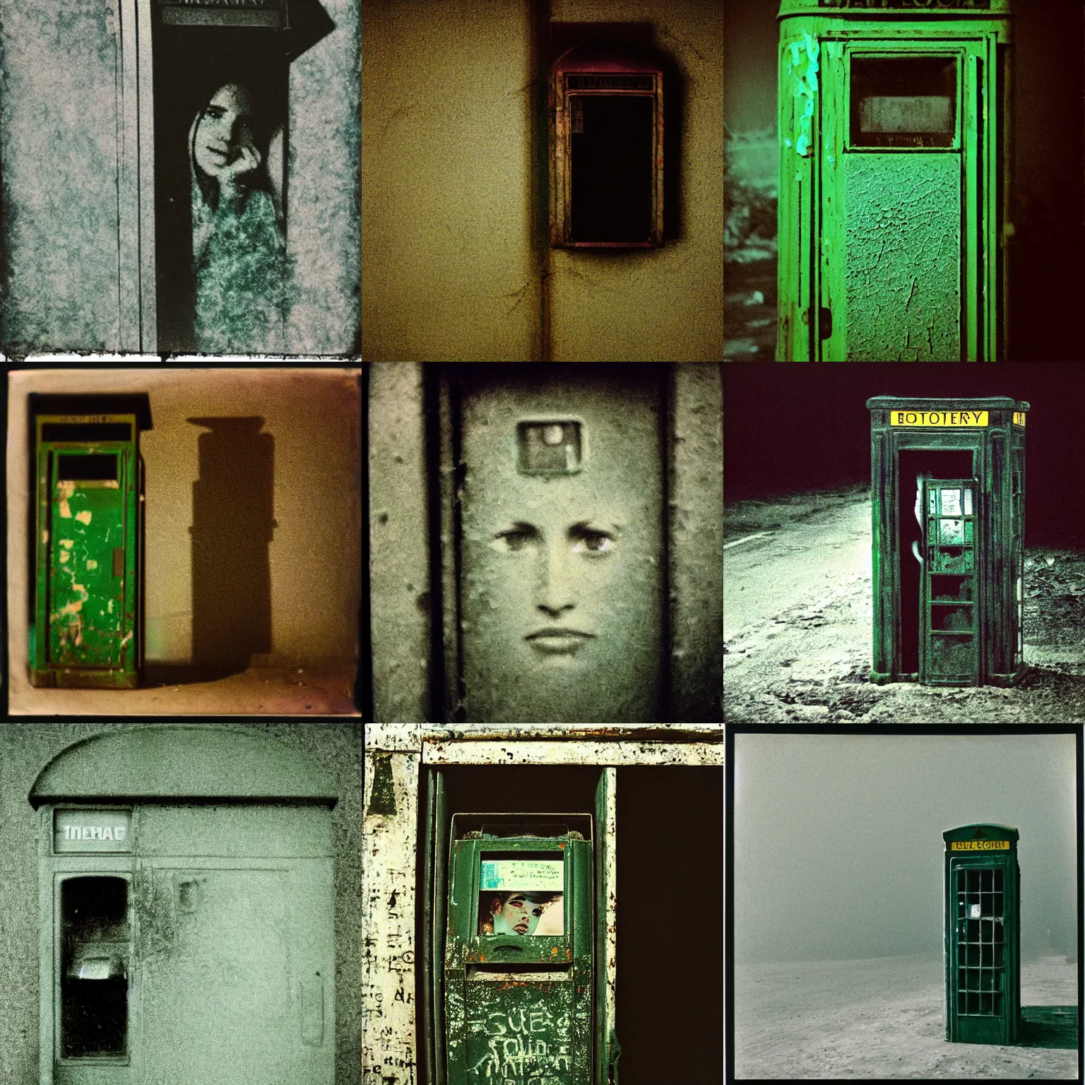 Prompt: a scratched, textured, weathered, heavily damaged gum bichromate print of a faint, blurry photograph by Steve McCurry of a young woman in the distance at a phone booth in the middle of nowhere in the middle of the night, dark, moody green lighting