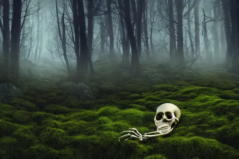 Image similar to human skeleton behind computer overgrown with moss, in foggy forest, at night, dark atmosphere, fantasy illustration, digital art