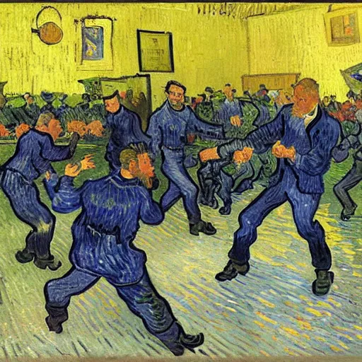 Image similar to people fighting at real estate auction, painting by van gogh