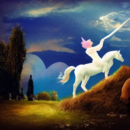 Image similar to dream : a fabulous landscape, a magical unicorn. a boy is sitting astride him. a cat is lying