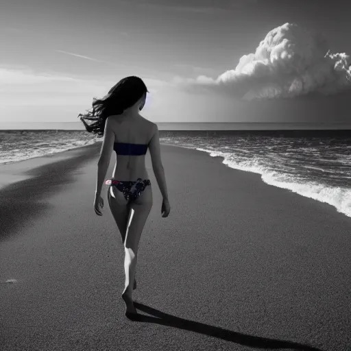 Prompt: beautiful bikini clad woman walking alone on a beach with a nuclear explosion in the background, rule of thirds