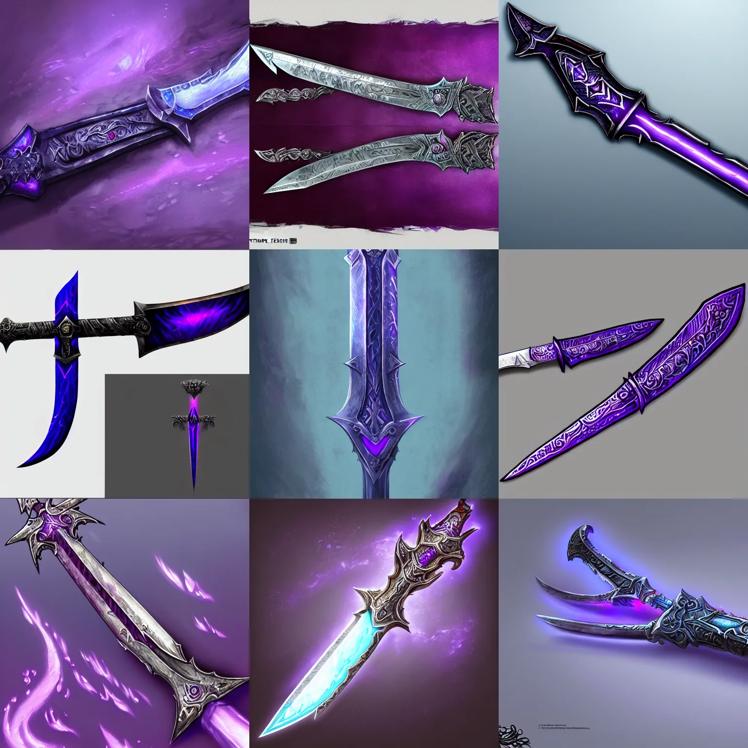 Prompt: broad sword, frostmourne, purple glowing inscription, 8 k, 4 k, concept art, digital painting