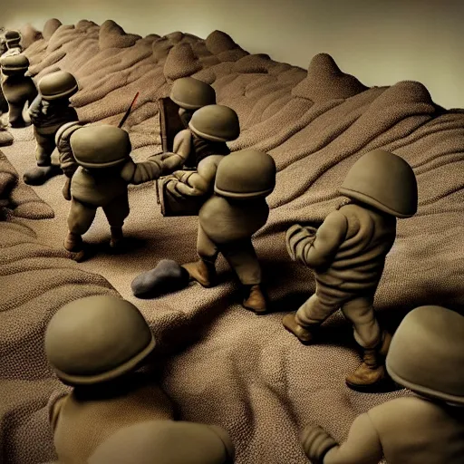 Image similar to war in the trenches claymation by jan svankmejer, hyperrealistic, aesthetic, masterpiece