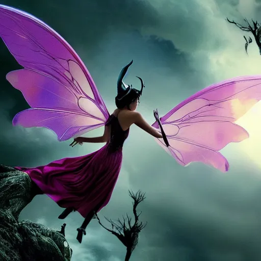 Image similar to fairy with wings, similar to maleficent, fantasy, lord of the rings, dark mood