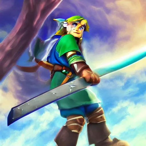 Image similar to Link proudly holding up the master sword, masterpiece, digital art, 8k , very detailed