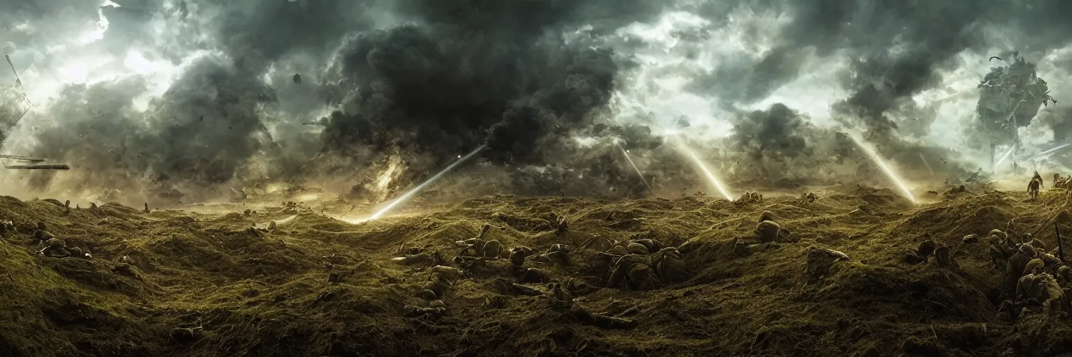 Image similar to natural looking fight landscape of ww 1 trenches, soldiers fighting with resistance aliens, green gas spreading across land, futuristic tank is on fire, ground explosion in the background, alien mothership in the sky, hyper realistic, highly detailed, dramatic lighting, raytarced, god rays, 4 k, 8 k, matte painting