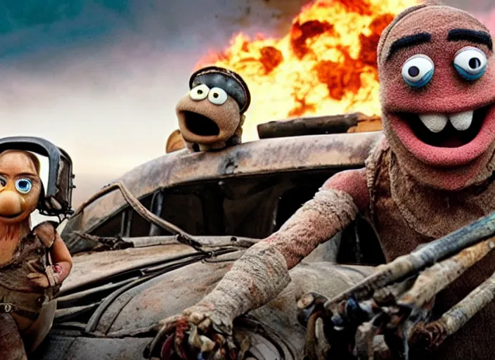 Image similar to scene from the 2015 science fiction film Muppet Mad Max: Fury Road