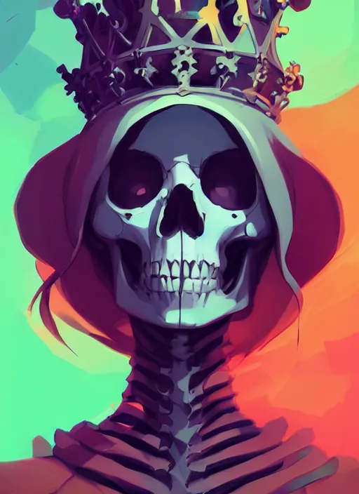 Prompt: skeleton with the clothes and crown of a king, in the style of artgerm, charlie bowater, atey ghailan and mike mignola, vibrant colors and hard shadows and strong rim light, plain background, comic cover art, trending on artstation