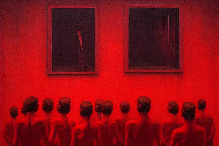 Image similar to only with red, crowd screaming, an exposed painting in a roman theater, in the style of beksinski, parts by edward hopper, parts by rodcenko, parts by yue minjun, intricate and epic composition, red by caravaggio, insanely quality, highly detailed, masterpiece, red light, artstation, 4 k