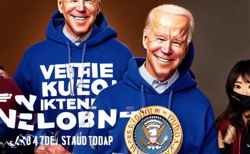 Image similar to a photo of joe biden using a bts k - pop hoodie, ultra detailed, studio photography