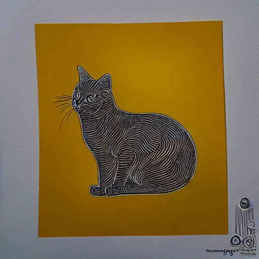 Image similar to tattoo sketch of a cat hugging the sun, on a yellow paper, vyzantium ornament, line art