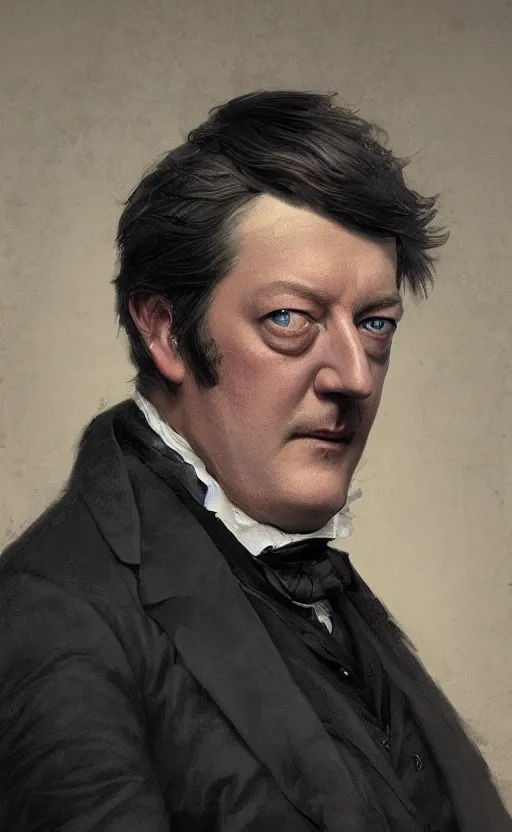 Prompt: Portrait of Stephen Fry as a victorian gentleman, male, detailed face, 19th century, highly detailed, cinematic lighting, digital art painting by greg rutkowski