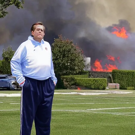 Image similar to a photo of a house burning down in the background and coach belichick with an eerie smile in the foreground, strong depth of field