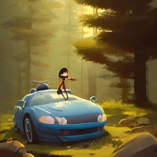 Prompt: goro fujita ilustration hikers parking the car in the forest, painting by goro fujita, characterized by masamune shirow and greg rutkowski, character art, focus, highly detailed, artstation