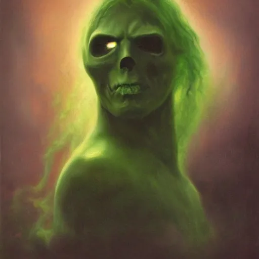 Image similar to ultra realistic portrait painting of a glowing green ghost in a cemetery, art by frank frazetta, vintage levi ’ s ad, stormy weather, dark vibes, 4 k, ultra realistic, highly detailed, epic lighting